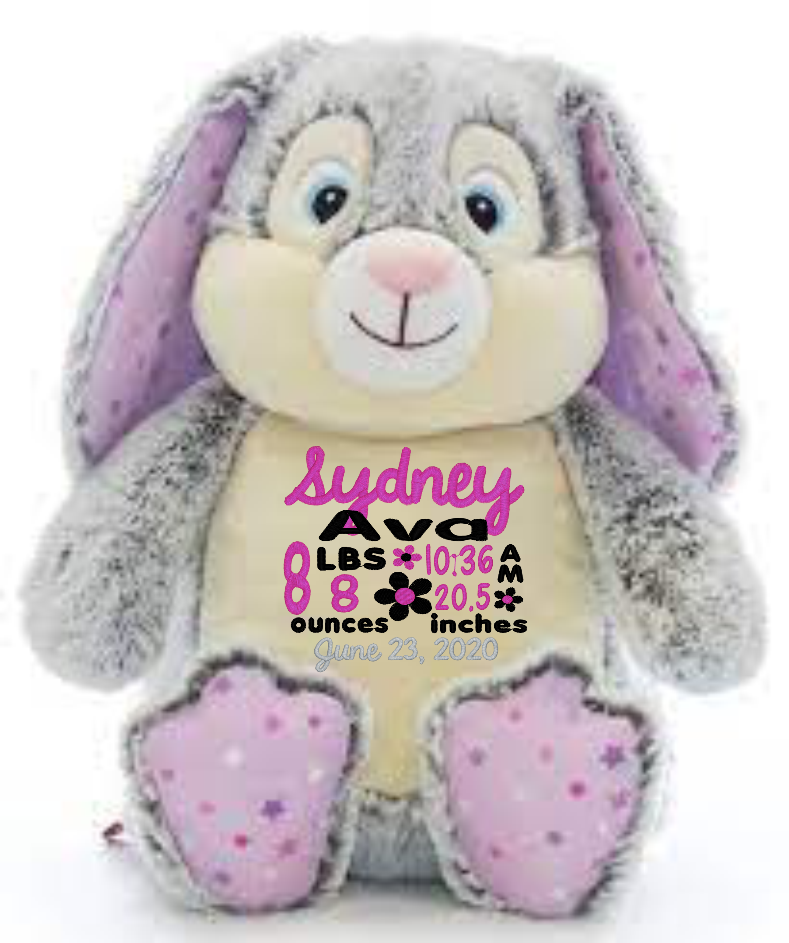 Cubbies™ Grey & Pink Stars Bunny Stuffie with Custom Embroidery