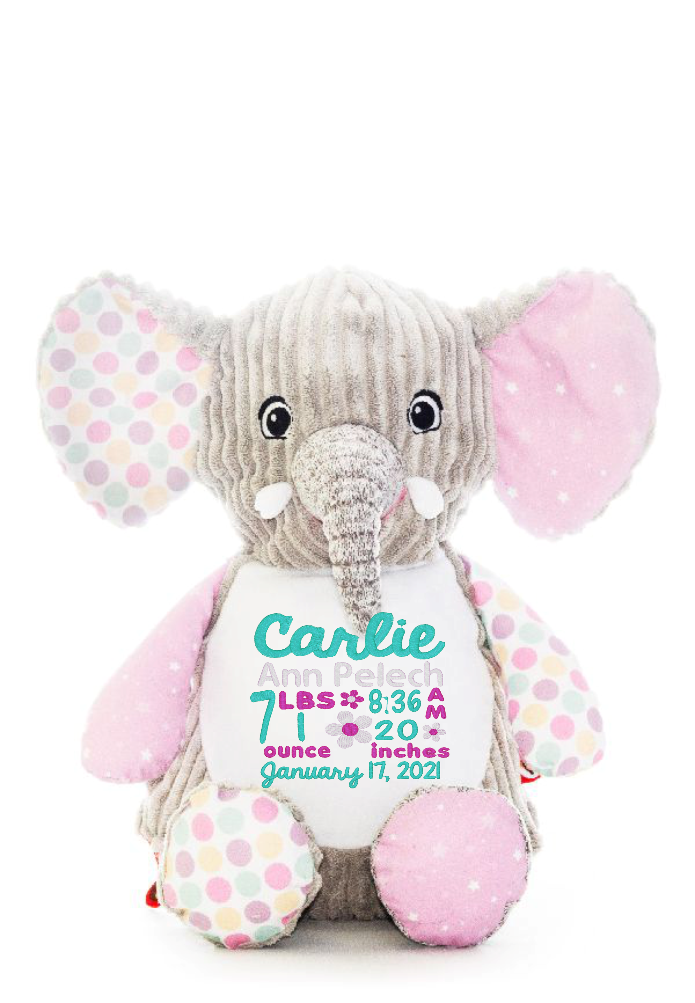 Cubbies™ Harlequin Elephant Lavender Bubblegum Stuffie with Custom Embroidery