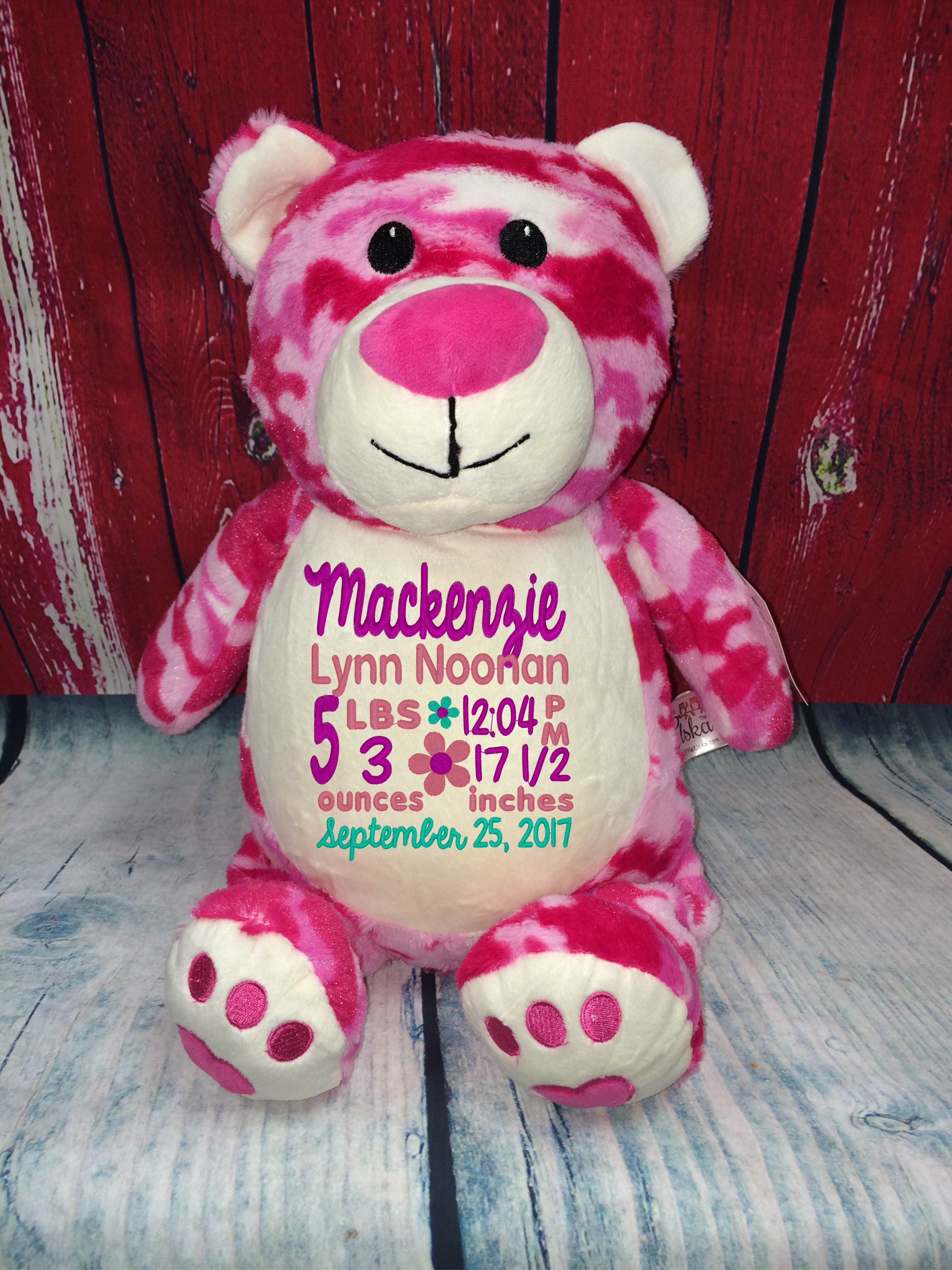 Pink Camouflage Bear Stuffie with Custom Embroidery