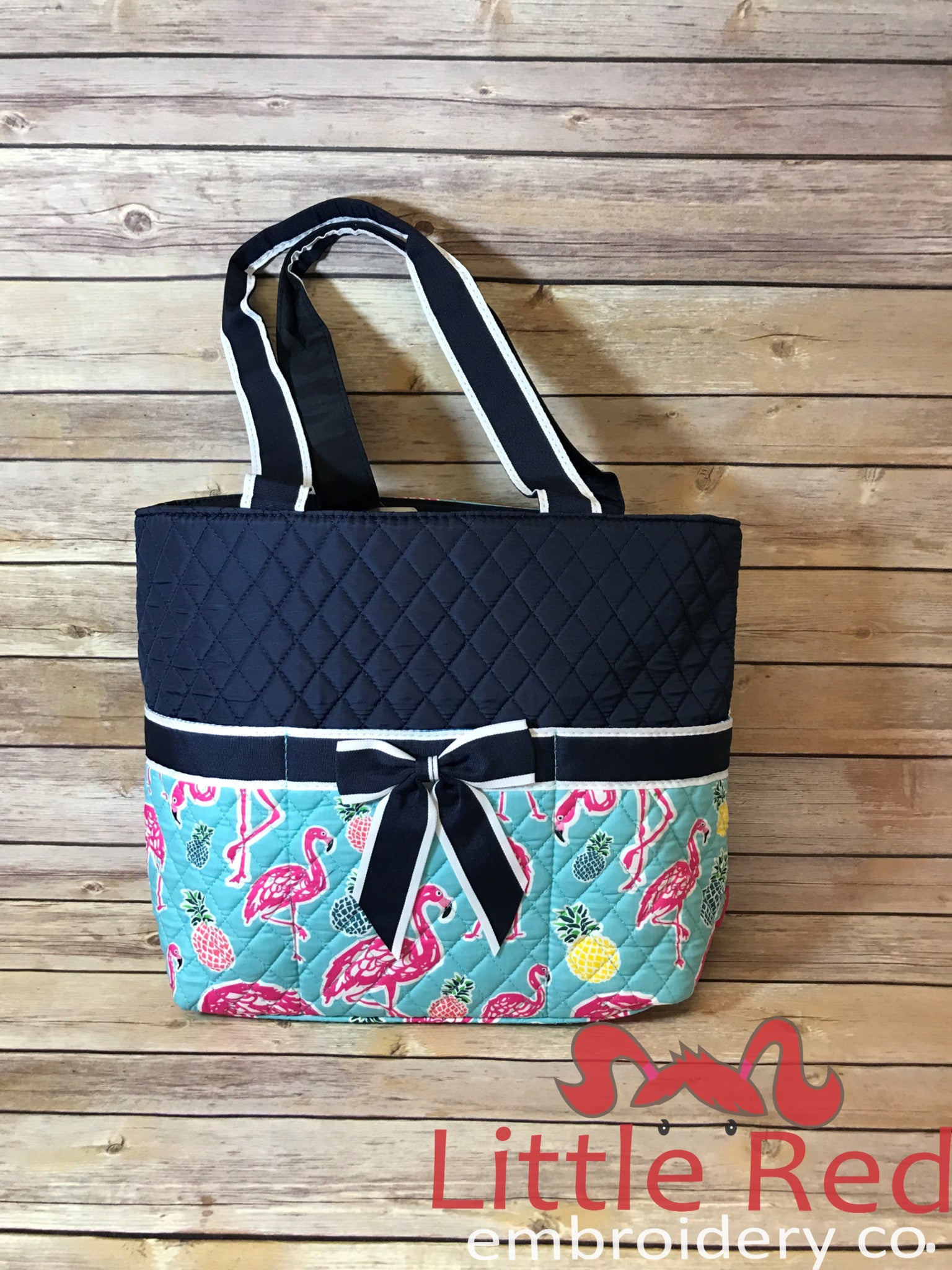 Navy Flamingo Print Quilted Diaper Bag